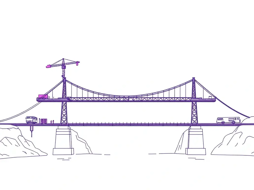 A line icon depicting a bridge being built from strategy to execution, representing a full-stack approach.