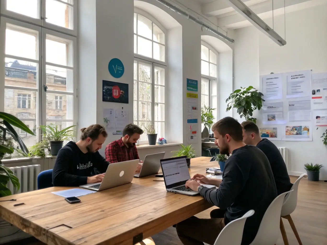 An image depicting the 'Build' stage, featuring developers coding, designers creating user interfaces, and project managers overseeing the process, emphasizing Tesseract PRO's hands-on approach to development.